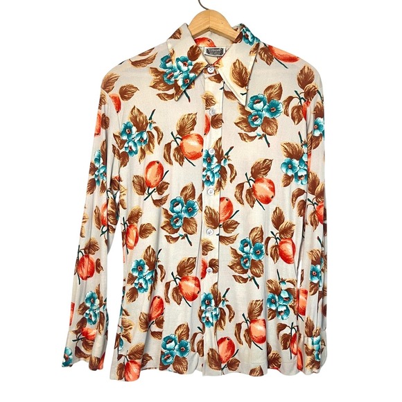 VTG Campus Knit Button up Large 70s Floral Fruit 60s Orange Teal Roses - Picture 1 of 5